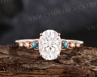 Oval Moissanite Engagement Ring Cluster Turquoise Wedding Ring Unique Heart Ring Rose Gold Ring Women Promise Ring Anniversary Ring