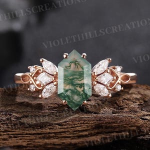 Art Deco Long Hexagon Cut Moss Agate Engagement Ring Natural Moss Agate Ring Moissanite Cluster Unique Green Ring for Her Anniversary Ring