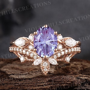 Fireworks Cut Alexandrite Engagement Ring Set Moissanite Wedding Ring Rose Gold Rings Vintage Moissanite Matching Ring Alexandrite Ring Set