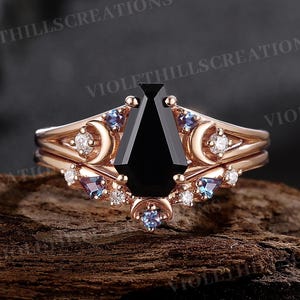 Coffin cut balck onyx engagement ring set unique moon cluster rings for women alexandrite curved moon wedding band promise custom ring set