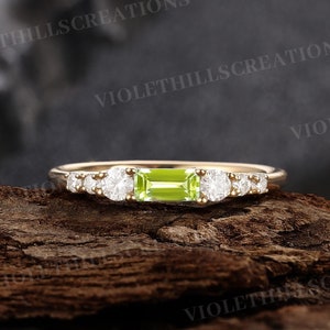 Peridot wedding band unique baguette cut wedding ring women yellow gold  half eternity stacking band birthday gift anniversary gift for her