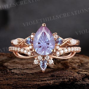 Fireworks Cut Alexandrite Engagement Ring Set Vintage Marquise Cut Moissanite Alexandrite Ring Curved Wedding Ring Promise Rings Set For Her