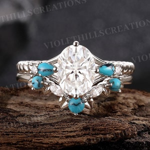 Oval Moissanite Engagement Ring Set Pear Cut Turquoise Cluster Ring Twist Band Art Deco Moissanite Wedding Ring White Gold Promise Ring Set
