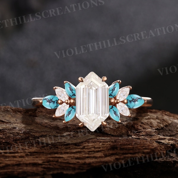 Long Hexagon Moissanite Engagement Ring Rose Gold Band Cluster Marquise Turquoise Wedding Ring Art Deco Promise Ring Anniversary gift