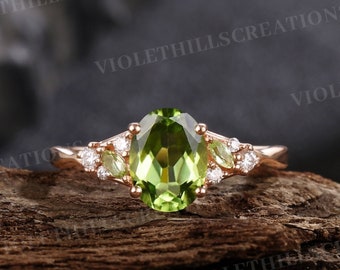 Oval peridot engagement ring unique wedding ring art deco moissanite cluster rings for women rose gold promise ring anniversary ring