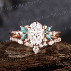 Set di 2 anelli di fidanzamento con moissanite ovale, fedi nuziali in oro massiccio con turchese per donna