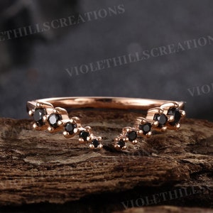 Round Cut Black Onyx Wedding Ring Open Wedding Band Rose Gold Unique Onyx Half Eternity Ring Matching Stacking Ring Anniversary Gift For Her