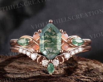 Moss Agate Engagement Ring Set 5x9mm Long Hexagon Cut Ring Natural Opal Ring Promise Ring Moss Agate Wedding Band Rose Gold Promise Ring Set