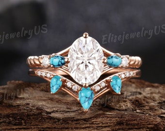 Oval Moissanite Engagement Ring Set Pear Cut Turquoise Ring Art Deco Ring Moissanite Wedding Ring Set Rose Gold Twist Promise Rings Set