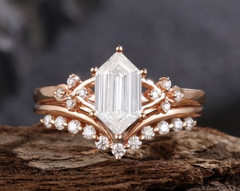 Moissanite engagement ring set 5*9mm long hexagon cut wedding ring rose gold rings for women moissanite promise ring anniversary gift