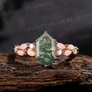 Long Hexagon Cut Moss Agate Engagement Ring Natural Opal Rose Gold Wedding Ring Moissanite Jewelry Promise Ring Anniversary Gift For Her