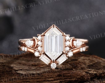 5*9mm long hexagon moissanite engagement ring set unique moon moissanite rose gold rings for women baguette promise ring anniversary gift