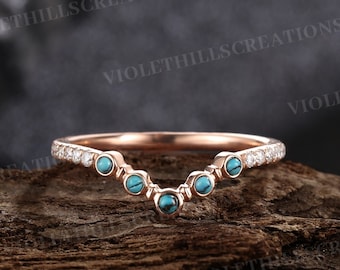 Antique turquoise wedding band moissanite stacking ring rose gold anniversary curved wedding bands for women promise ring anniversary gift