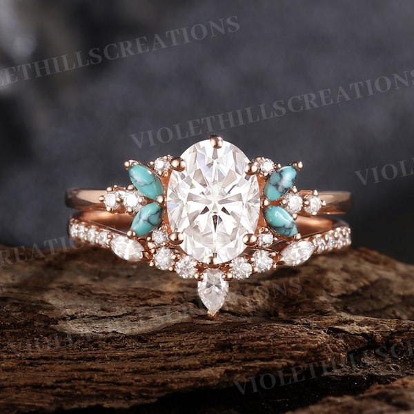 Oval Cut Moissanite Engagement Ring Set Marquise Cut Turquoise Ring Rose Gold Unique Moissanite Wedding Ring Set Anniversary Gift For Her