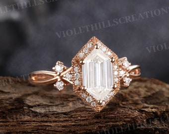 Vintage moissanite engagement ring long hexagon moissanite promise bridal rings for women 14k rose gold milgrain anniversary ring