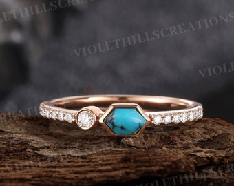 Hexagon turquoise wedding band moissanite full eternity wedding ring art deco natural turquoise ring custom rose gold rings for women