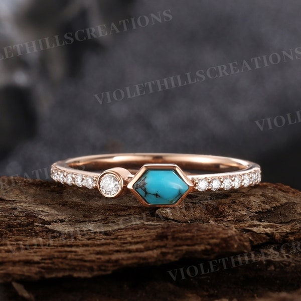 Hexagon turquoise wedding band moissanite full eternity wedding ring art deco natural turquoise ring custom rose gold rings for women