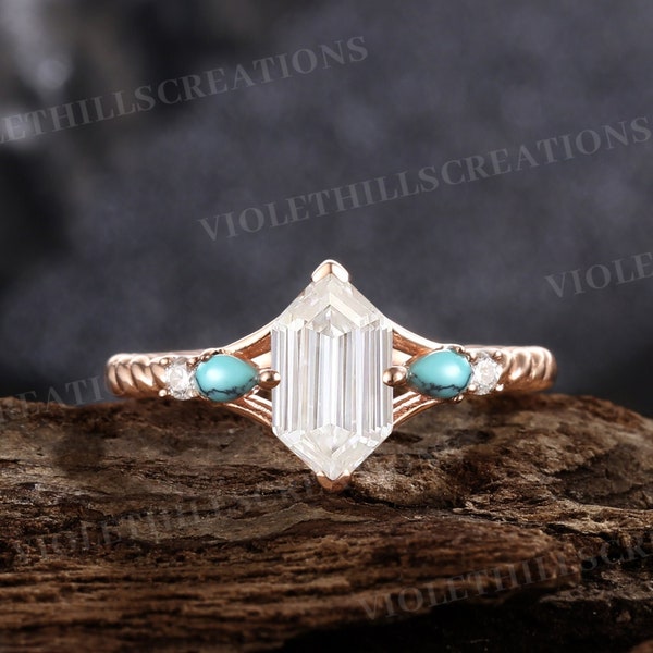 Moissanite Engagement Ring Long Hexagon Cut Wedding Ring Pear Turquoise Cluster Ring Rose Gold Rings Promise Ring Unique Twist Band