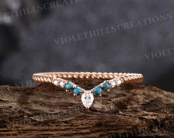 Unique Turquoise Wedding Band Pear Cut Moissanite Wedding Ring Curved Wedding Band Stacking Rings Rose Gold Twist Band Anniversary Rings