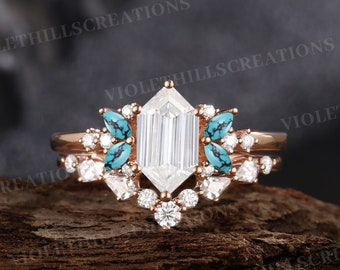 Moissanite Engagement Ring Set Long Hexagon Ring Cluster Marquise Turquoise Ring Moissanite Wedding Ring Set Art Deco Ring Promise Ring