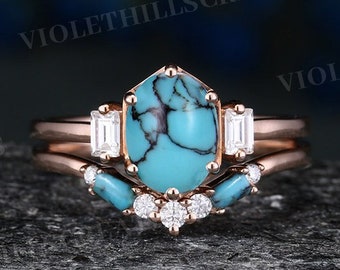 Vintage Turquoise Wedding Ring Set Antique Oval Turquoise Engagement Ring 14k Rose Gold Rings For Women Curved Wedding Band Anniversary Ring