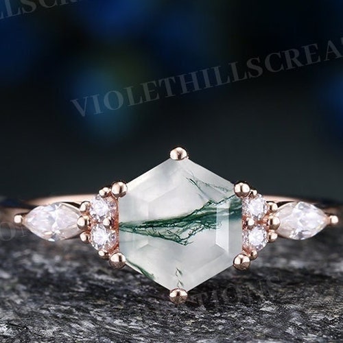 Moss agate engagement ring green gemstone promise sales ring unique round moissanite cluster minimalist rings anniversary ring gifts for her