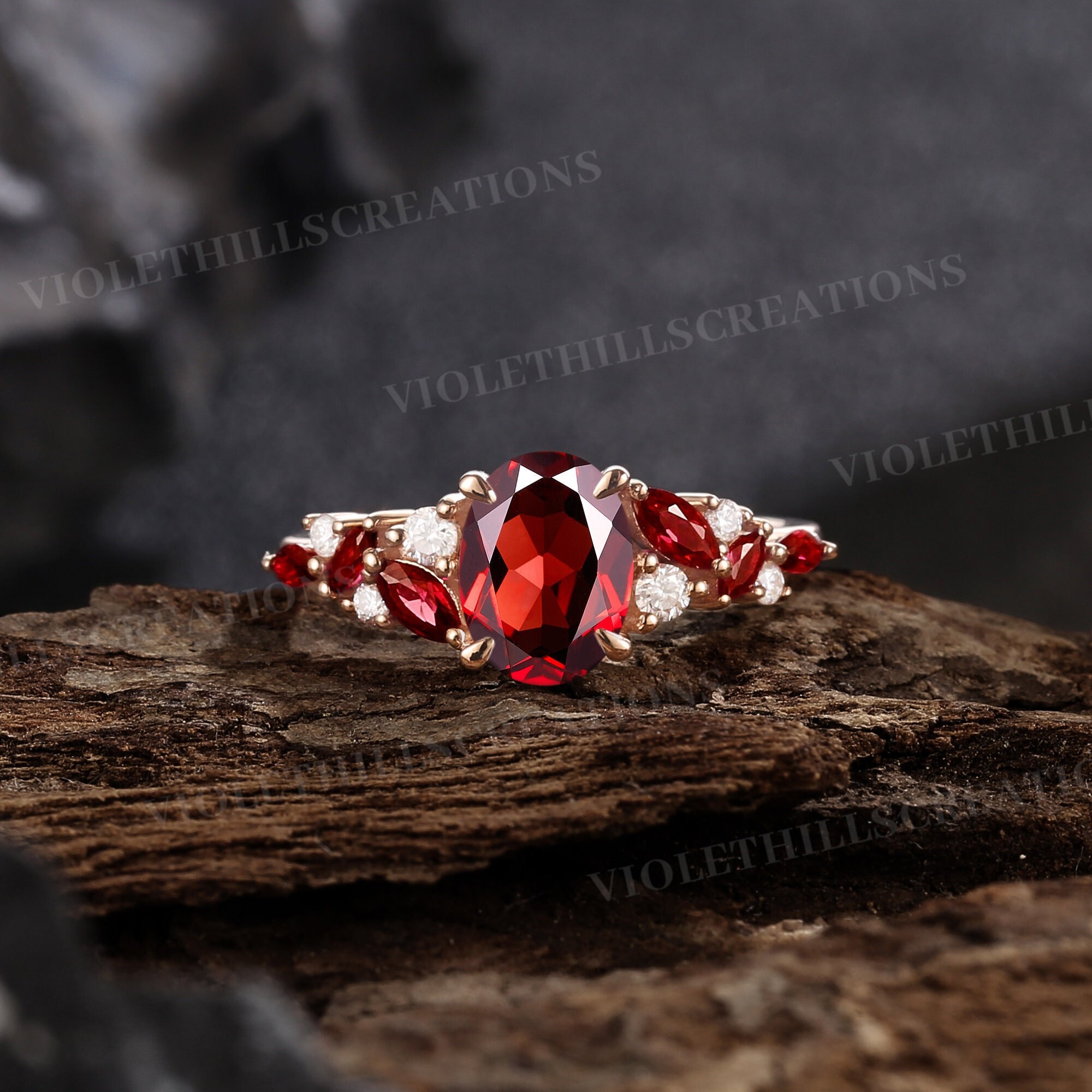 Vintage garnet engagement ring oval cut garnet ring cluster marquise ruby ring unique half eternity ring rose gold anniversary gift