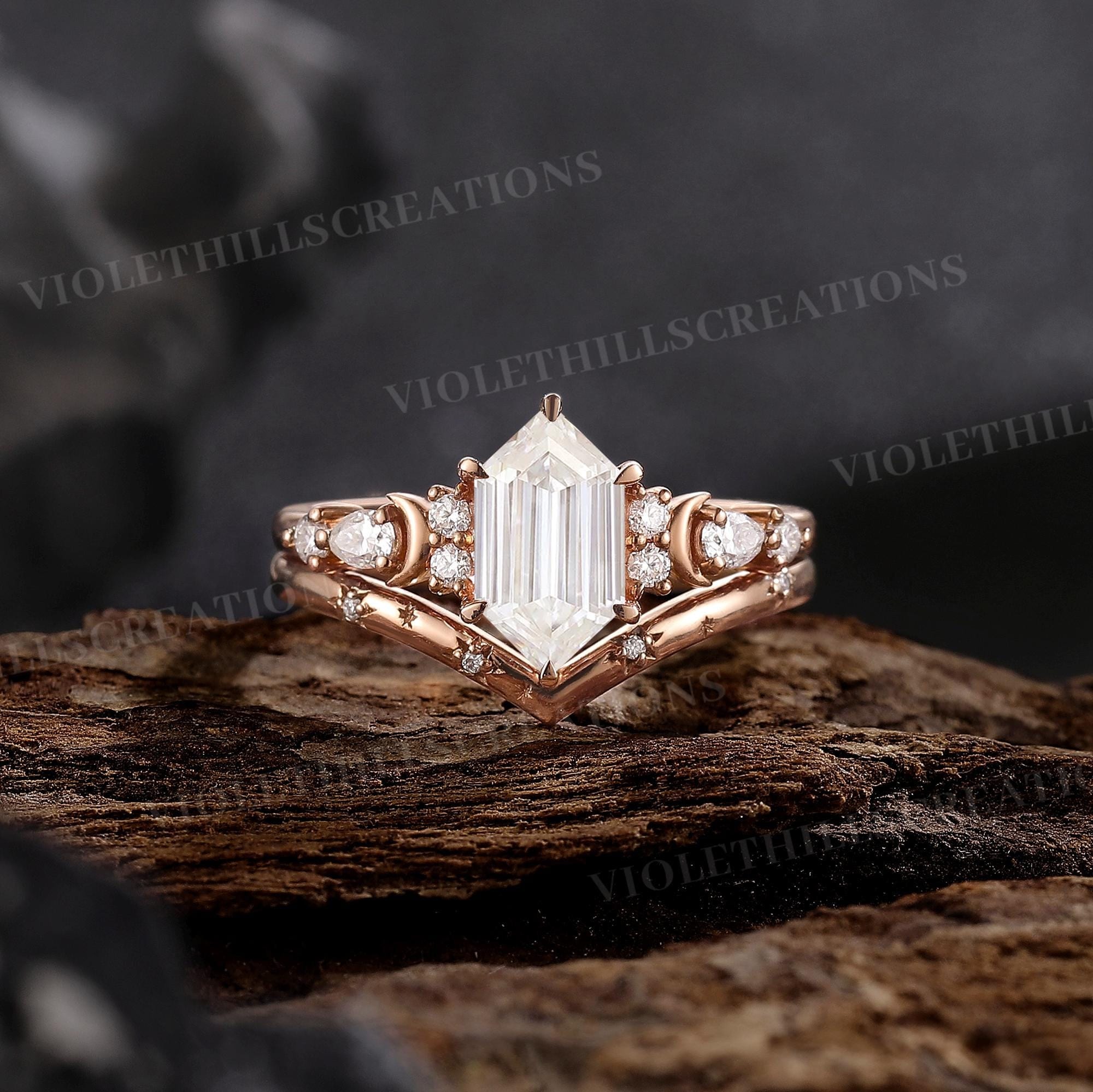 Moissanite Ring Set Hexagon Cut Moissanite Engagement Ring Set Rose Gold Unique Moon Star Wedding Band Moissanite Promise Bridal Ring Set