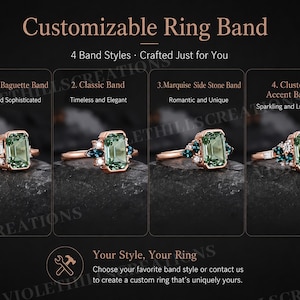 May include: A customizable ring band display featuring four distinct styles with green emerald-cut center stones set in rose gold. The options include a tapered baguette band, a classic band, a marquise side stone band, and a cluster accent band.