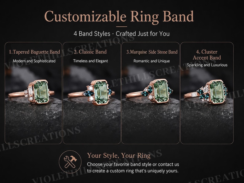 May include: A customizable ring band display featuring four distinct styles with green emerald-cut center stones set in rose gold. The options include a tapered baguette band, a classic band, a marquise side stone band, and a cluster accent band.