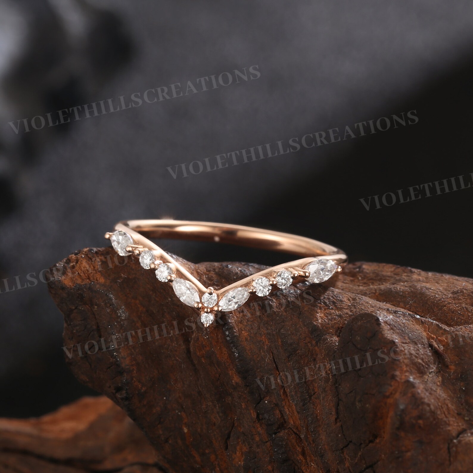 Art Deco Marquise Cut Moissanite Wedding Band Rose Gold Moissanite ...