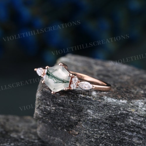 Moss agate engagement ring green gemstone promise sales ring unique round moissanite cluster minimalist rings anniversary ring gifts for her