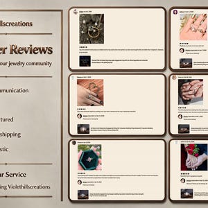 May include: A digital graphic display titled Violethillscreations Customer Reviews featuring six individual customer feedback boxes with five-star ratings, text comments, and small square photographs of various rings, plus a list of service highlights.