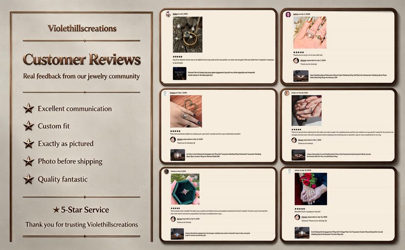 May include: A digital graphic display titled Violethillscreations Customer Reviews featuring six individual customer feedback boxes with five-star ratings, text comments, and small square photographs of various rings, plus a list of service highlights.