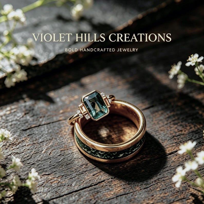May include: A gold ring featuring a rectangular emerald-cut dark green gemstone flanked by small clear stones, resting atop a wider gold band with a textured dark green inlay. The text VIOLET HILLS CREATIONS BOLD HANDCRAFTED JEWELRY is visible.