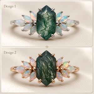 May include: Two rings labeled Design 1 and Design 2. Each features a central hexagonal moss agate stone with green inclusions, flanked by marquise-cut opals. Design 1 is set in silver-toned metal, while Design 2 is set in rose gold-toned metal.