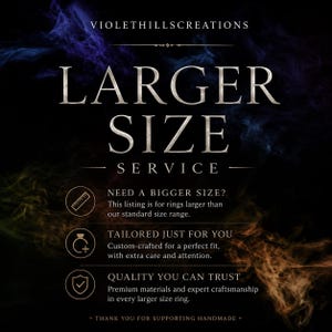 May include: A black graphic with purple and orange smoke effects featuring the text VIOLETHILLSCREATIONS, LARGER SIZE SERVICE, NEED A BIGGER SIZE?, TAILORED JUST FOR YOU, QUALITY YOU CAN TRUST, and THANK YOU FOR SUPPORTING HANDMADE with icons.