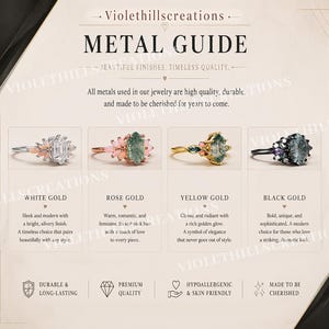 May include: A metal guide infographic by Violethillscreations displaying four rings in white gold, rose gold, yellow gold, and black gold. Each ring features a central gemstone surrounded by smaller accent stones, with descriptive text for each metal type.