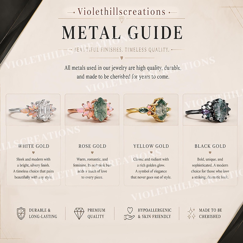 May include: A metal guide infographic by Violethillscreations displaying four rings in white gold, rose gold, yellow gold, and black gold. Each ring features a central gemstone surrounded by smaller accent stones, with descriptive text for each metal type.