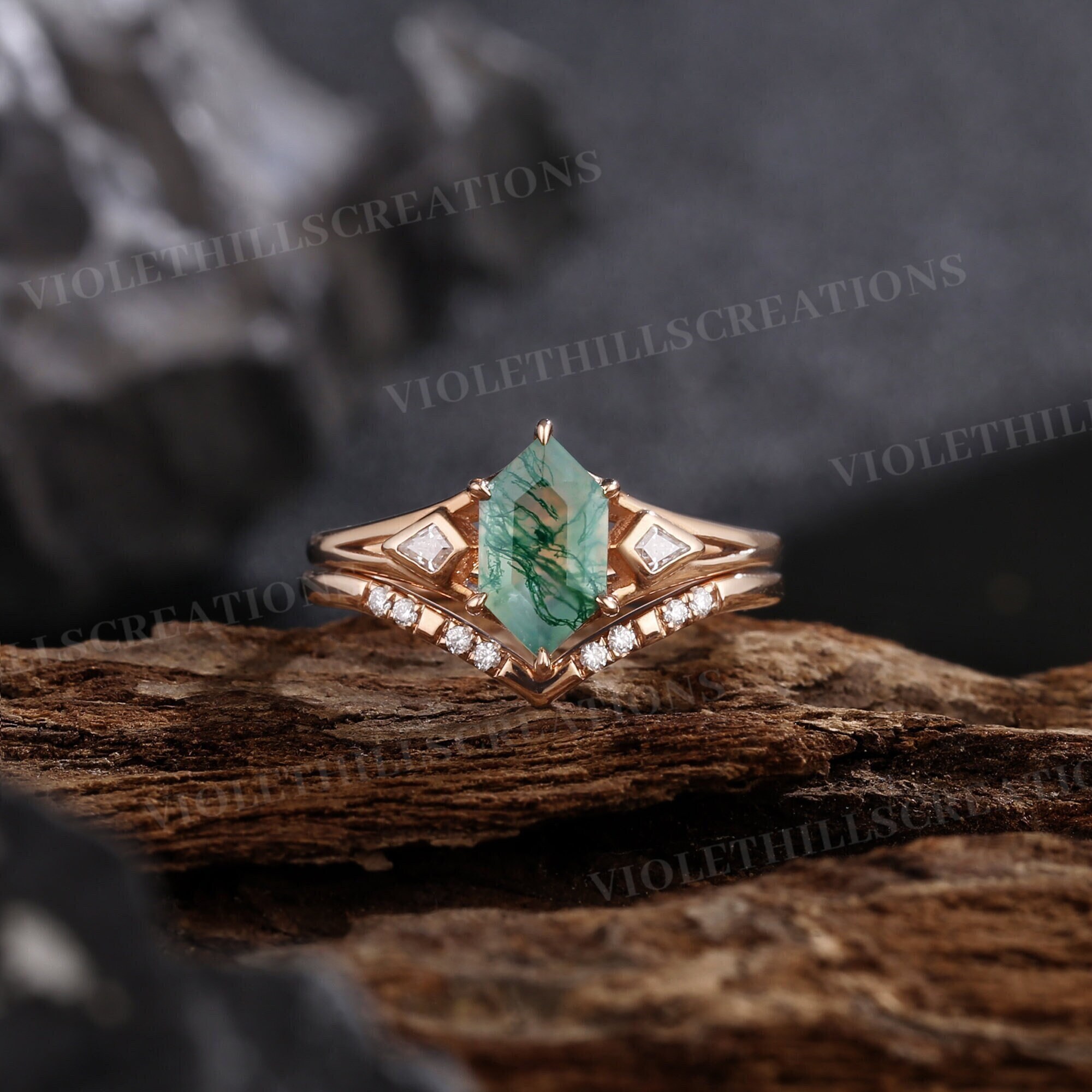 Elongated hexagon moss agate engagement ring set unique kite cut moissanite ring promise ring curved wedding band rose gold ring set