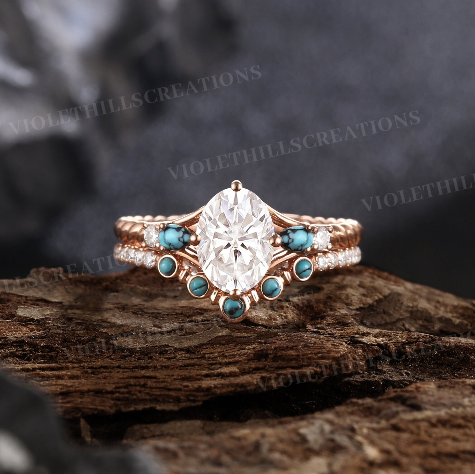 Oval Moissanite Engagement Ring Set Vintage Pear Cut Turquoise Ring Twist Band Moissanite Wedding Ring Set Art Deco Promise Ring For Her