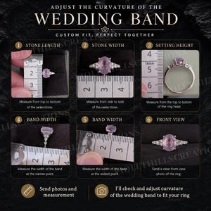 May include: An instructional graphic titled ADJUST THE CURVATURE OF THE WEDDING BAND showing six steps to measure a ring with a pink oval center stone and side diamonds. Each step features a metric ruler measuring the stone length, width, setting height, and band width, with a final front view photo.