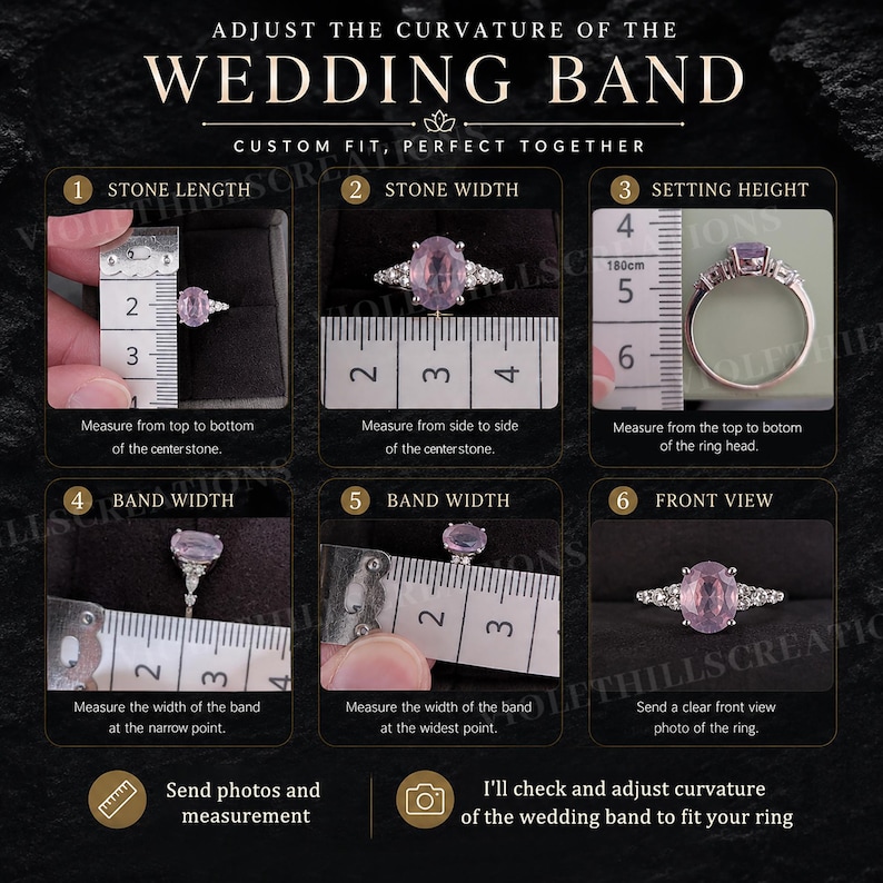 May include: An instructional graphic titled ADJUST THE CURVATURE OF THE WEDDING BAND showing six steps to measure a ring with a pink oval center stone and side diamonds. Each step features a metric ruler measuring the stone length, width, setting height, and band width, with a final front view photo.