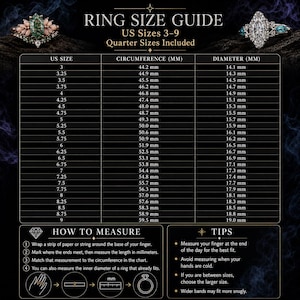 May include: A ring size guide chart featuring US sizes 3 through 9 with quarter sizes included. The table lists circumference and diameter in millimeters. It includes instructions on how to measure your finger and tips for the best fit.