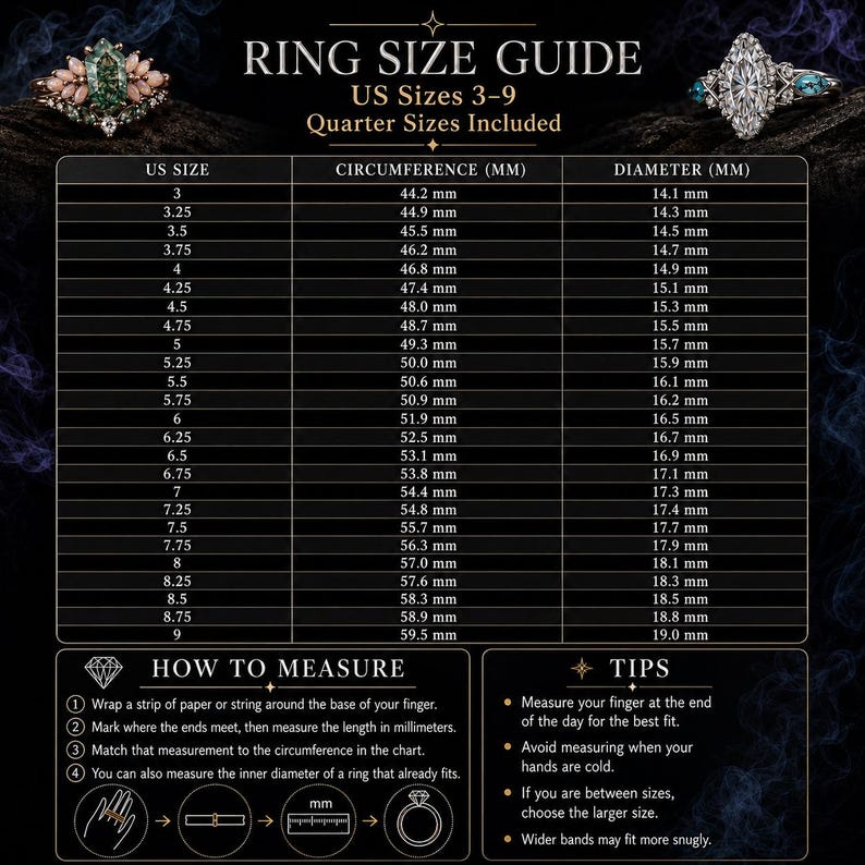 May include: A ring size guide chart featuring US sizes 3 through 9 with quarter sizes included. The table lists circumference and diameter in millimeters. It includes instructions on how to measure your finger and tips for the best fit.