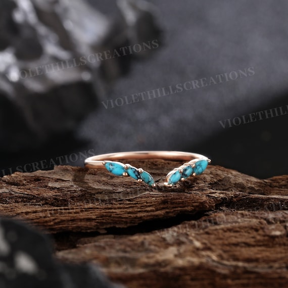 Marquise Cut Turquoise Wedding Band Vintage Curved Open Wedding