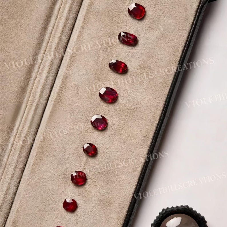 May include: A collection of eight faceted oval-cut deep red rubies arranged in a vertical line on a beige velvet display tray. The text VIOLETHILLSCREATIONS is overlaid across the image. A black magnifying loupe is visible in the bottom corner.