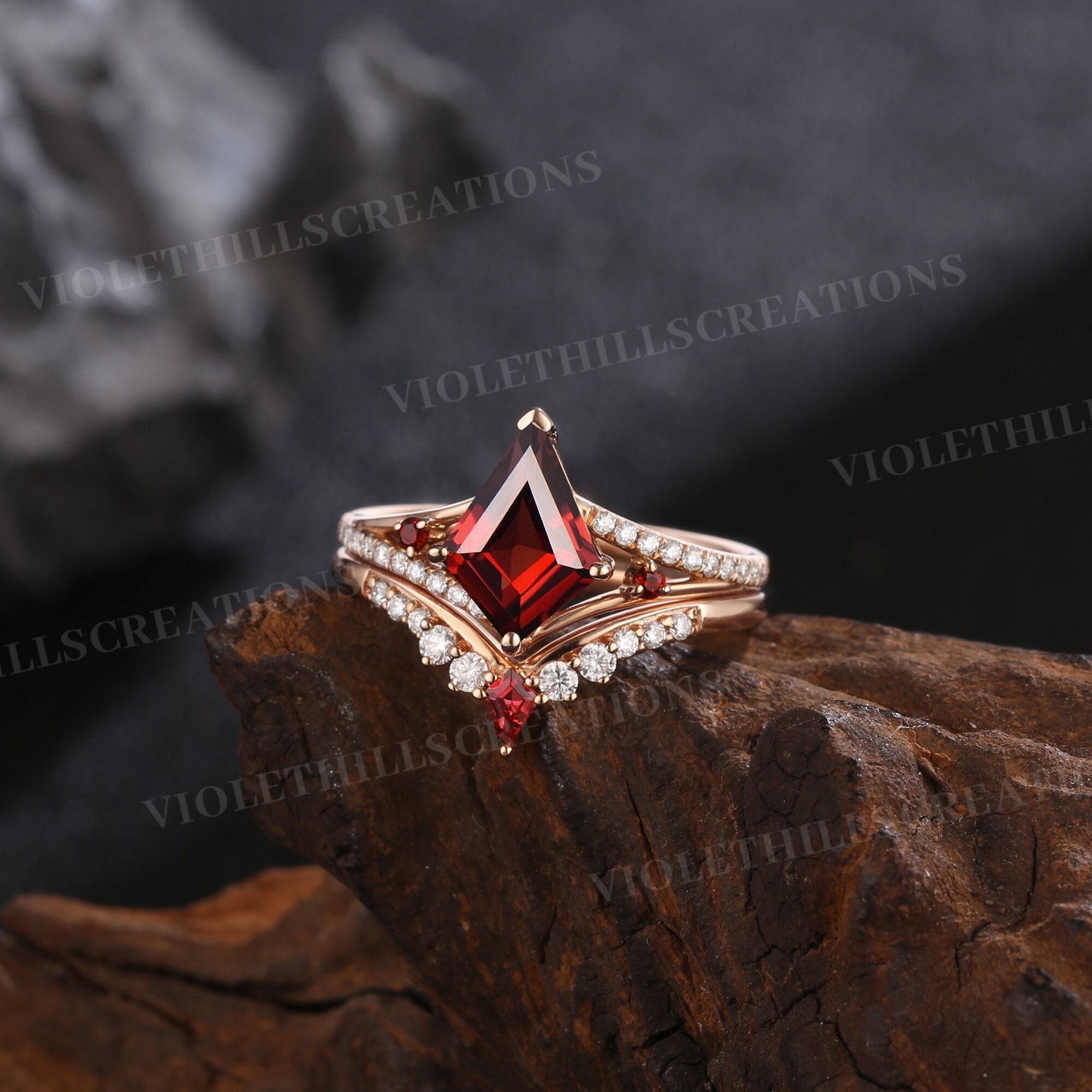 Garnet engagement ring set vintage kite cut ruby ring moissanite promise ring unique kite garnet curved wedding band rose gold rings