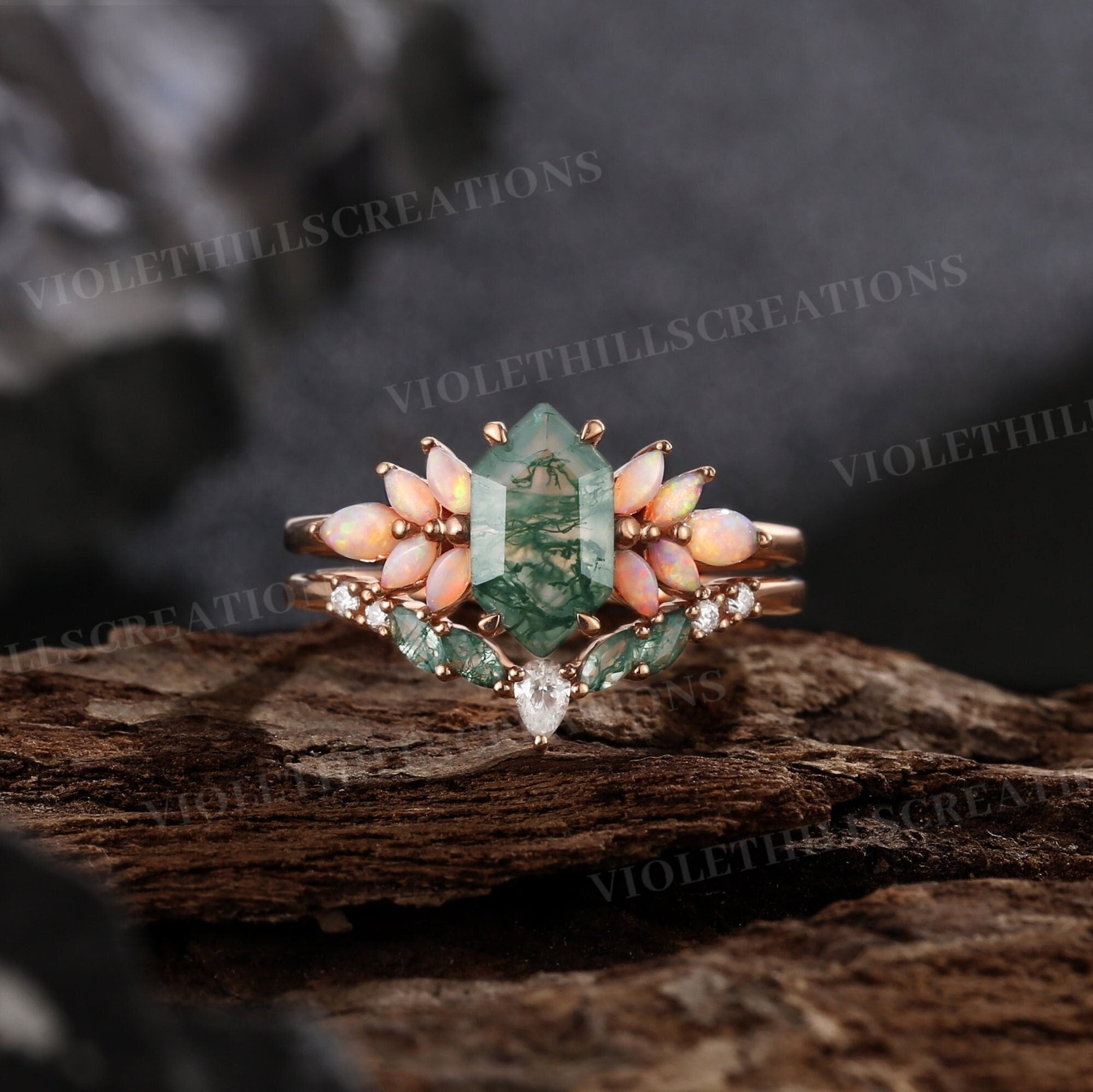 Hexagon Moosachat Verlobungsring Set Cluster Natürliche Opal Ring Versprechen Ring Moosachat Hochzeit Band Frauen Rosegold Ring Jubiläumsgeschenk