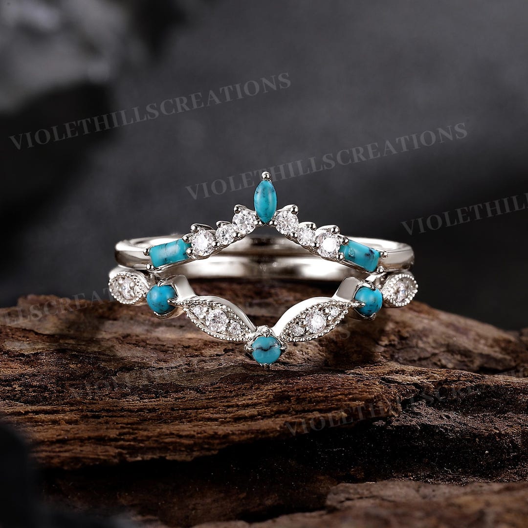Antique Turquoise Wedding Band 2pcs Turquoise Stacking Rings White Gold ...